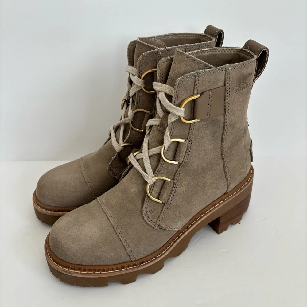 Sorel Joan Now Lace Up Suede Taupe Lug Sole Heeled Boots 7 - Picture 2 of 14